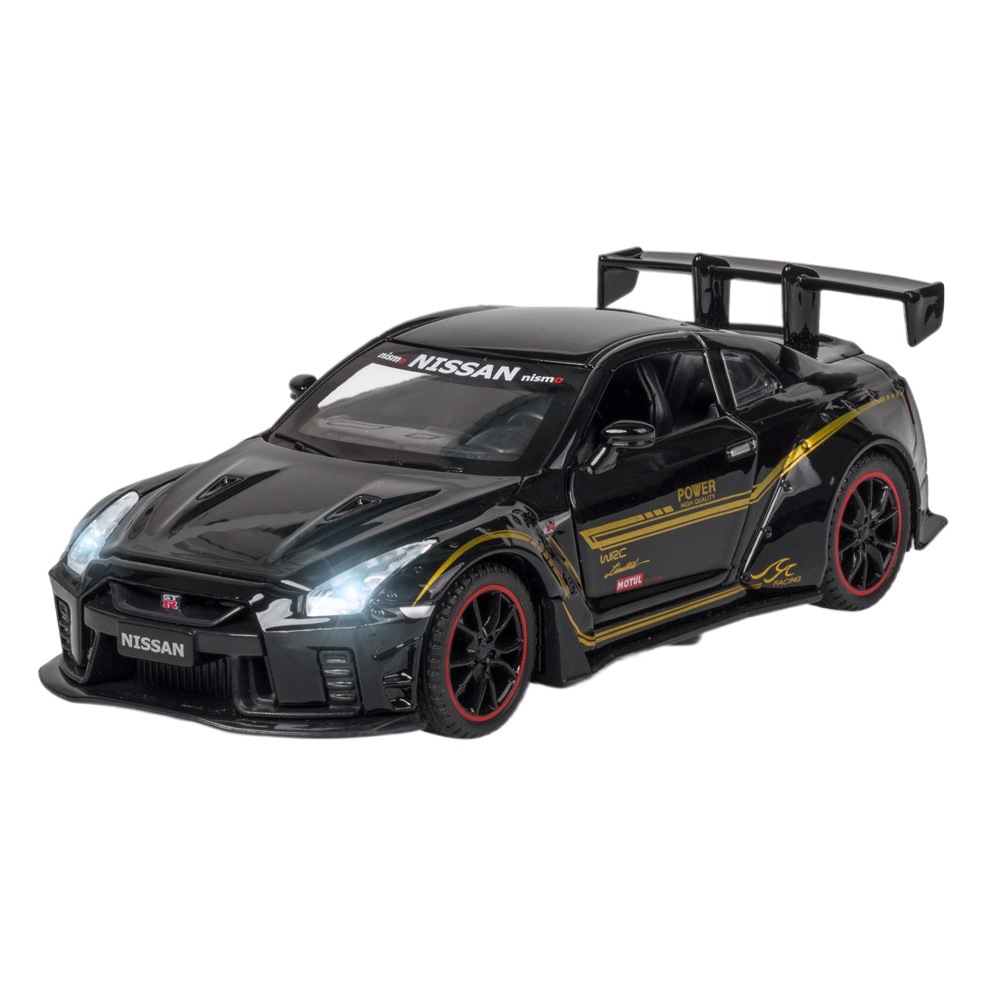 Jiaye modelo de coche de aleación 1:32 Nissan GTR Señor de la guerra coche Tire hacia atrás el sonido y la luz 4 niño abierto modelo de coche de juguete adornos