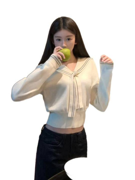 针织衫女秋季2025新款减龄学院风海军领修身收腰短款长袖毛衣上衣|undefined