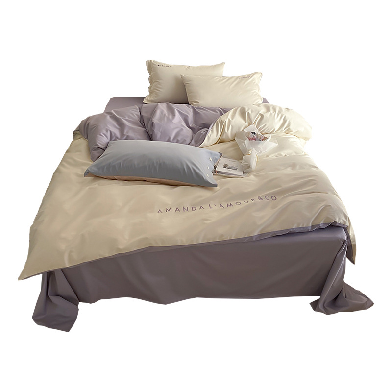 De alta gama de 100 de algodón de fibra larga de satén de color a juego de cuatro piezas conjunto de lujo de luz de algodón puro edredón cubierta de cama hoja de cama simple ropa de cama francesa