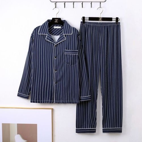 Pure Cotton Sleepwear Long Sleeve Spring and Autumn Season Men's Autumn Style Blue Middle-Aged and Young Summer Home Clothes Set