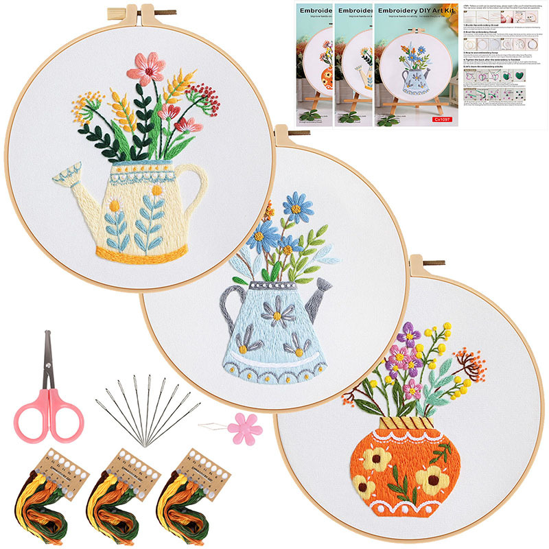 Juego de tres piezas + 1 bordado de bambú de imitación tensión 20cm + 1 tijeras rosas + 1 hilo rosa (cx1096 + 1097 + 1098)