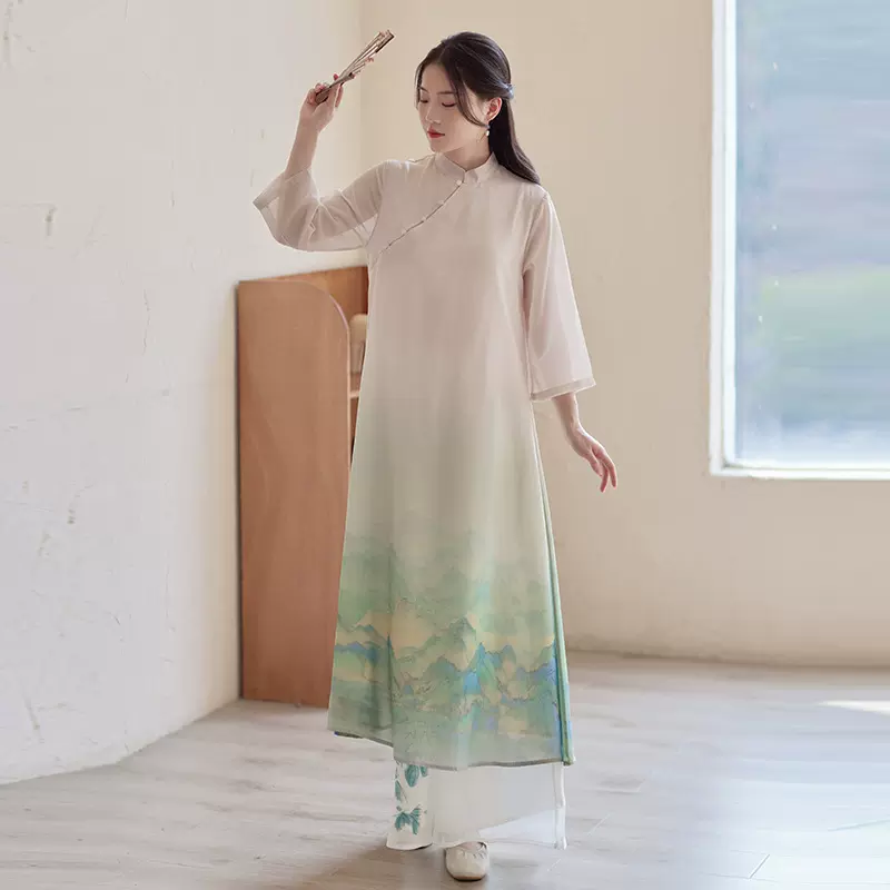 2023春夏新款复古新中式国风改良旗袍禅意茶服印花七分袖连衣裙女