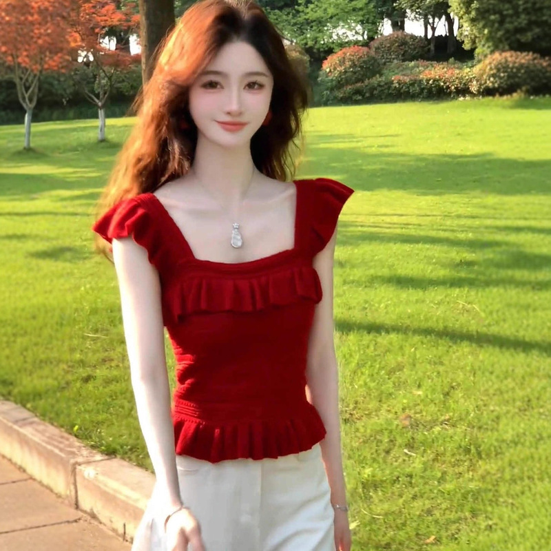 レッドフリルスクエアカラースモールフライングスリーブニットベスト女性の夏の美しいピンチウエスト痩身トップ女性の服|undefined