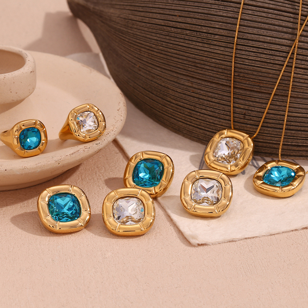 Mode retro nische ring frauen edelstahl K gold überzogene abgerundete ecke platz blume zirkon stud ohrringe halskette_voghion.com