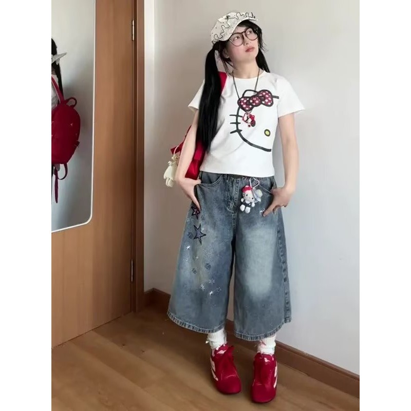 Japanese-Style Printed Wide-Leg Cropped Jeans with a Summer Design, Straight-Cut Mid-Length Pants, Street-Style Loose Shorts Japanese-Style Printed Wide-Leg Cropped Jeans with a Summer Design, Straight-Cut Mid-Length Pants, Street-Style Loose Shorts