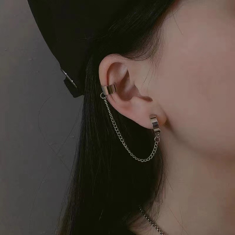 European and American Style Cold Style Titanium Steel Chain Earrings Without Piercing Ear Clips Long Ear Bone Clips Stainless Steel Ear Hanging Ear Buckles
