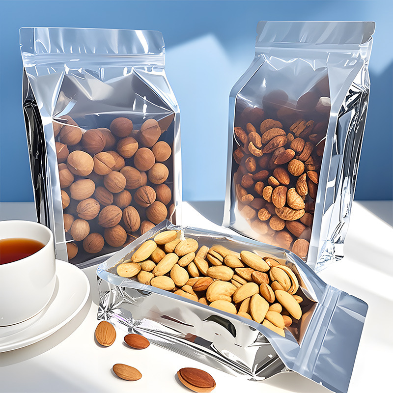 Aluminum Foil Eight-Sided Sealing Bag, Thickened Transparent Windowed Stand-Up Pouch for Snacks, Red Dates, Dried Goods, Tea, and Food Packaging