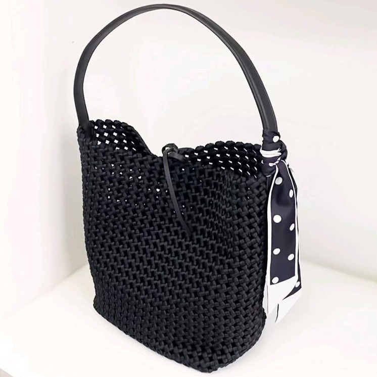 Niche Design Hollow Woven Bag Cowhide Large Bag Women's Large Capacity Tote Bag Portable Shoulder Underarm Bag Bucket Bag