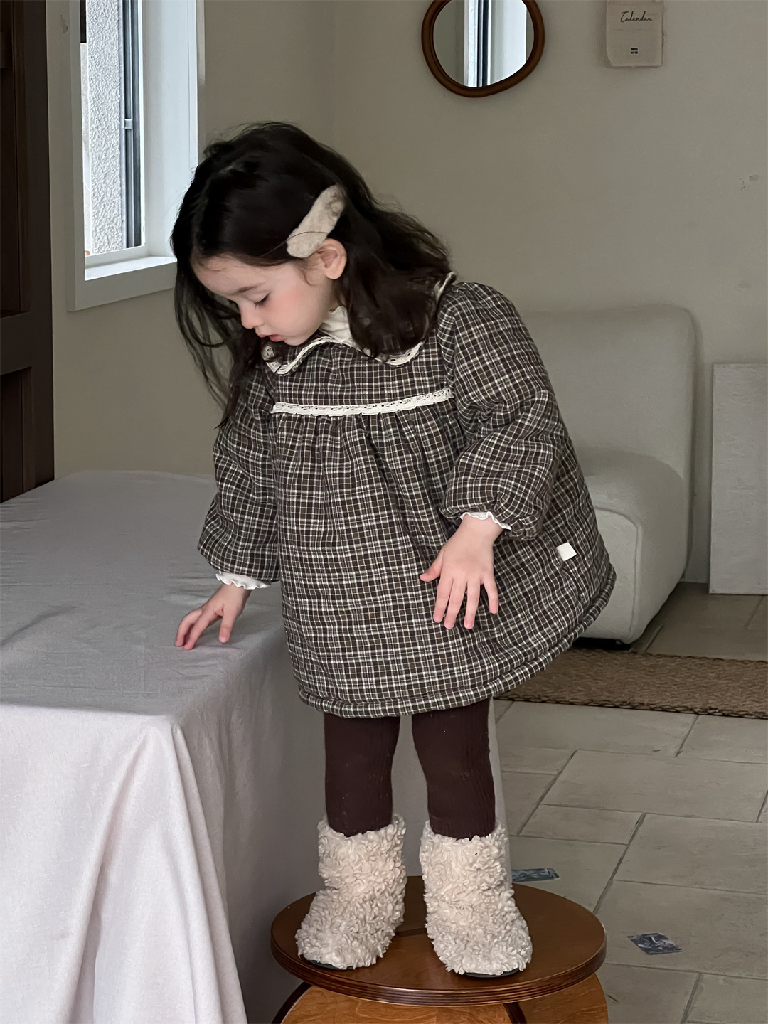 Invierno infantil de lana vestido a cuadros vestido de bebé 2024 ropa de invierno coreana ropa infantil vestido de niñas grueso image 5