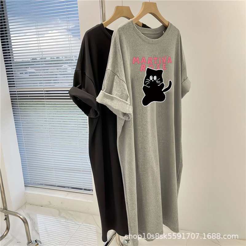 2024 New Summer Short-sleeved T-shirt Dress Korean Loose Over-the-Knee Long Dress Instagram Fashion dress Women's Mid-length Summer