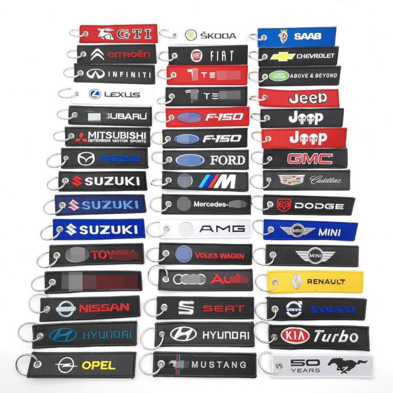 Car logo embroidery short cloth strip textile keychain pendant for GMC Dodge Peugeot Chevrolet Acura