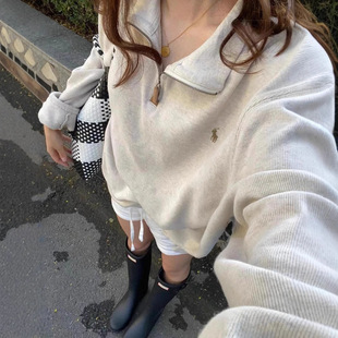 RL Ralph Pony Mark Long Sleeve Sweat Men's Polo Half Zipper Lapel Loose American Style Retro Couples Sweat Women