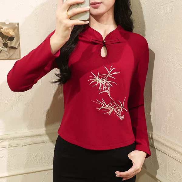 Spring and Autumn New Chinese Style Stand Collar Button Ethnic Style Improved Slim Fit Women's T-Shirt Embroidered Long Sleeve Base Shirt 2409