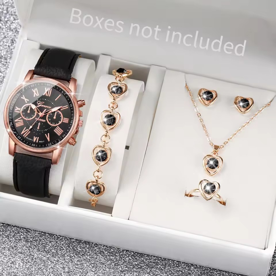 Women’s Pink Heart Watch & Jewelry Gift Set – Romantic Bracelet & Necklace Combo