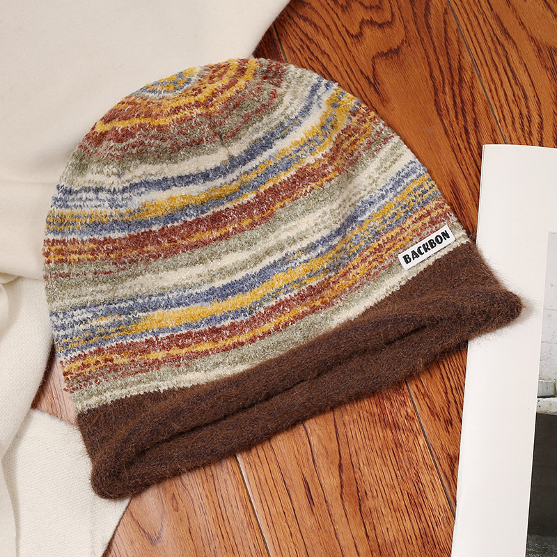 Cappello invernale da donna in maglia a blocchi di colore, stile coreano, stile retrò, con protezione per le orecchie, versatile e caldo, a righe_voghion.com