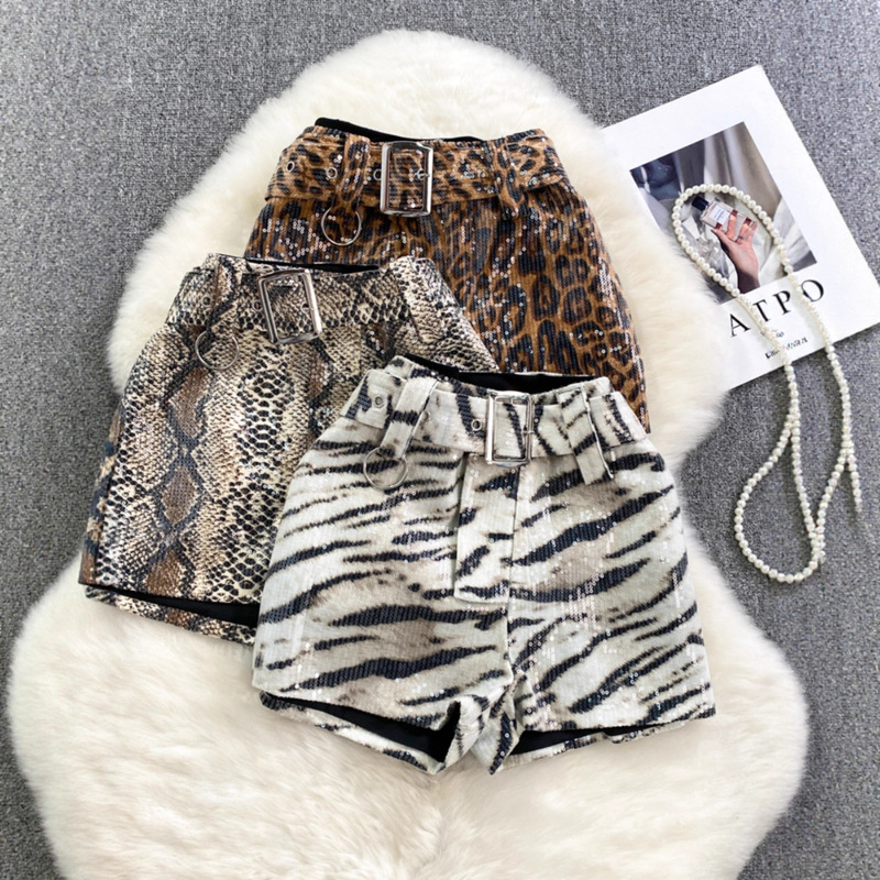 Foreign Trade 2025 Autumn and Winter Korean Style Fashionable High-Waist Slimming Look Sequined Sexy Leopard Print Wide-Leg Shorts Women's Casual Boots