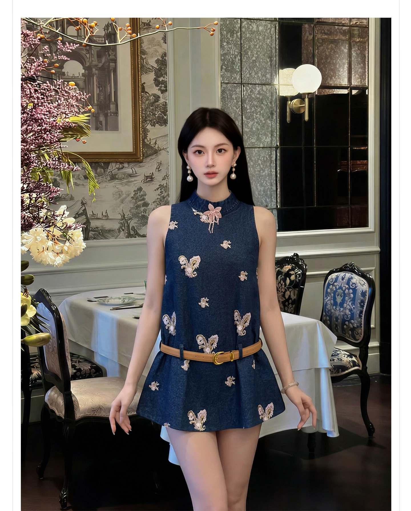 Bộ quần short jean nữ lưng cao kèm áo vest không tay phong cách Tân Trung Hoa — bộ đồ, Trang chủ, quần đùi chi tiết 5