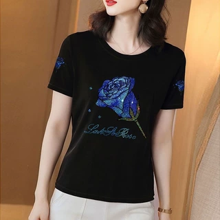 夏季时尚大码短袖T恤女圆领重工烫钻小衫中年妈妈装洋气百搭上衣