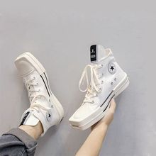 2024复古帆布鞋 前翘头平底板鞋 联名款高帮黑白色情侣款方头鞋