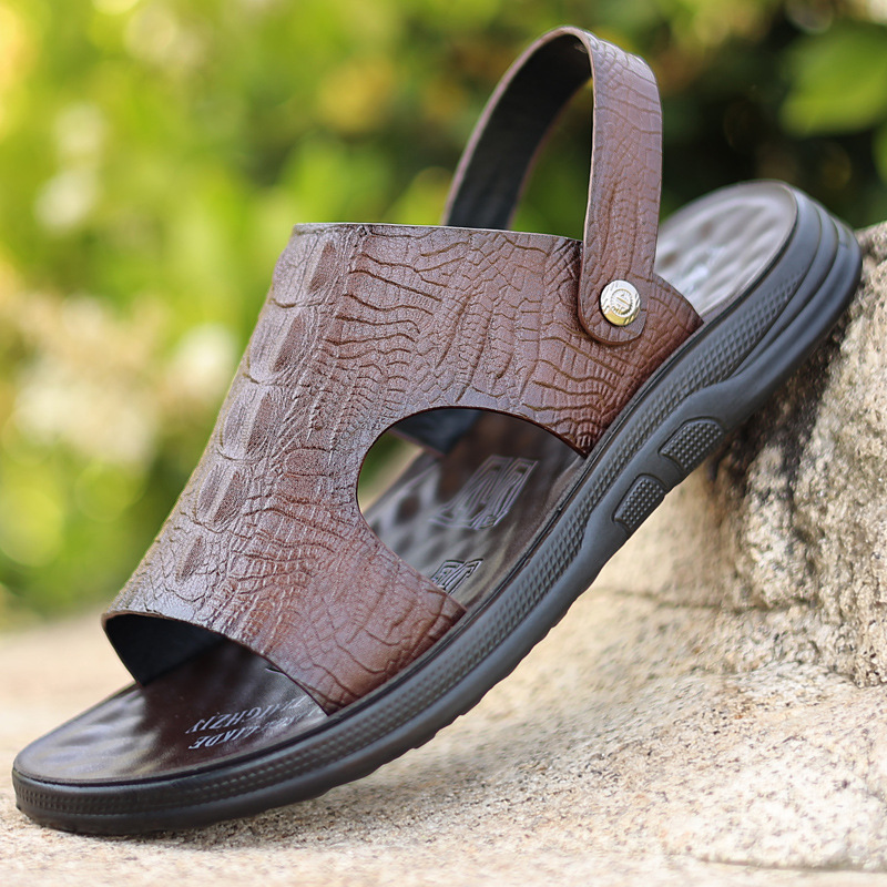 (2개) 샌들 남성 여름 2023 새로운 가죽 캐주얼 슈즈 미끄럼 방지 비치 슈즈 탑 카우 가죽 듀얼 목적 아우터 남성용 슬리퍼