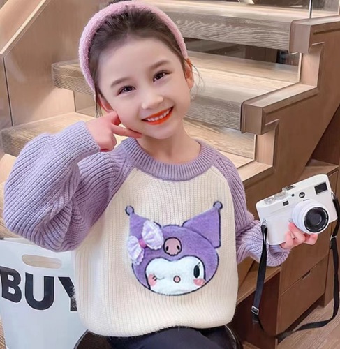 Children's Hooded Sweater  New Kuromi Cartoon Knit Top for Girls Baby Thick Autumn Winter Sweater Cute Korean Style