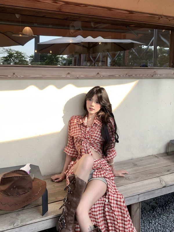 度假风红色格子长袖衬衫女夏季不规则开叉半身长裙两件套|undefined