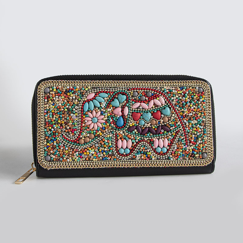 Bohemian Bag Ethnic Elephant Beads Handmade Flower Pattern Long Coin Purse Women's Bag
