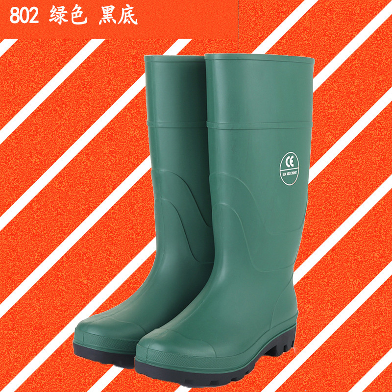 广州PVC劳保鞋工业防护鞋802绿色黑底直筒防伤害耐穿雨鞋防汛雨鞋