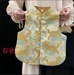 春秋の新型子供の新しい中国式の馬甲の男の子の女の子の国風の高級感の刺繍のスタンドカラーのベストの薄い金