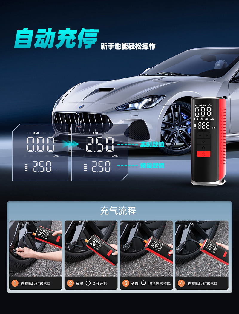 Cross-Border Wireless Portable Car Air Pump, High-Looking, Long-Lasting, High-Power Electric Car Tire Inflator