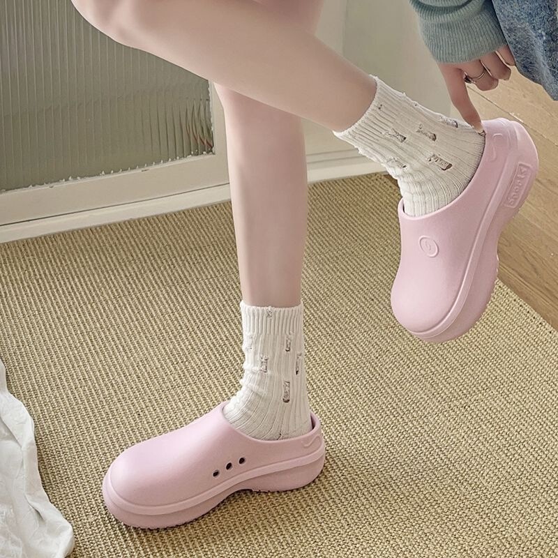 Lightweight Platform Sole Closed-Toe Height-Increasing Outdoor Slippers for Women, Dopamine-Colored Flat Non-Slip Wear-Resistant Ins-Style Clogs