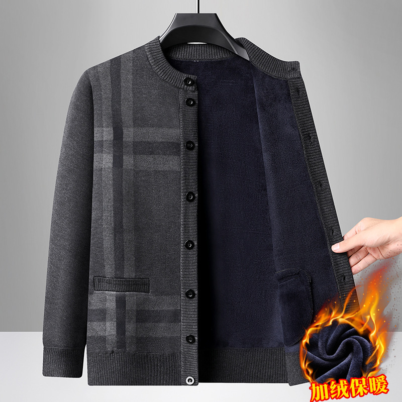 Autumn and Winter Thickened Fleece Cardigan for Middle-Aged and Elderly People, Warm Round-Neck Buttoned Knitted Sweater Jacket, Grandpa's Top Autumn and Winter Thickened Fleece Cardigan for Middle-Aged and Elderly People, Warm Round-Neck Buttoned Knitted Sweater Jacket, Grandpa's Top