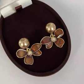法式咖色美拉德秋冬珐琅复古珍珠花朵耳环轻奢设计高级耳坠耳饰女