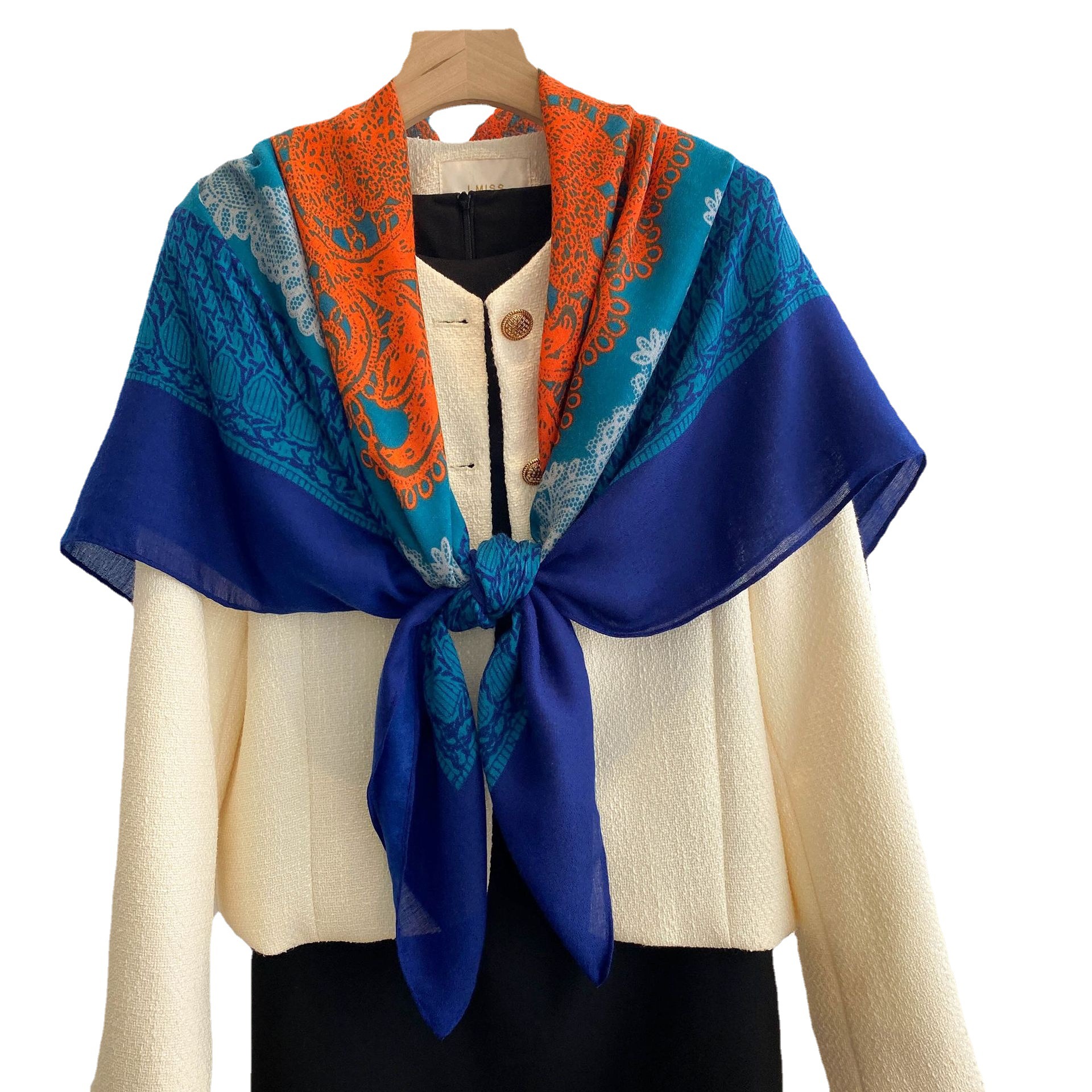 Luz de moda de lujo azul naranja con algodón y lino sensación bufanda de viaje protector solar bufanda 135*135cm bufanda cuadrada grande