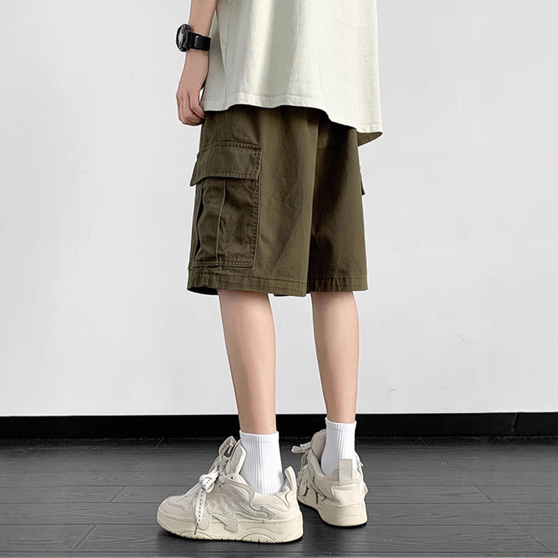Summer Trendy Cargo Shorts for Men, American Style, Thin Loose Five-Point Shorts, Solid Color Casual Straight-Leg Pure Cotton Sports Pants