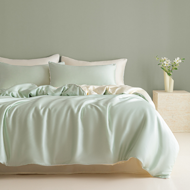 Summer Ice Silk Duvet Cover Set Solid Colour Washed Bedding 4 Pcs_voghion.com