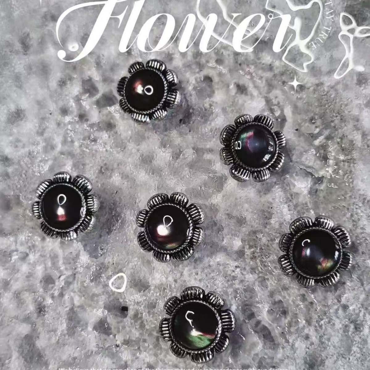 黑色花朵形组合钮扣小香风复古猫眼金属钮扣毛衣外套辅料钮扣批发