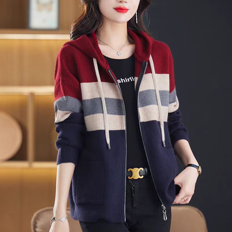 Hooded Striped Cardigan Coat Women's Spring and Autumn Sweatshirt 2024 New Autumn Casual Knitted Sweater Outer Top Mom