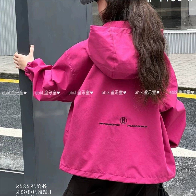 火龙果红色冲锋衣女童秋季宽松外套中大童户外休闲防风连帽夹克衫|undefined