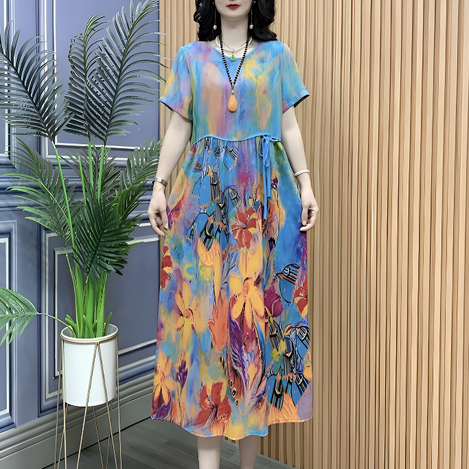 2025妈妈装夏季新款碎花气质洋气时尚大码遮肚宽松连衣裙*660-5