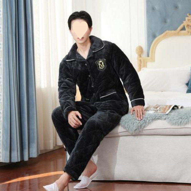 (2개) 플란넬 남성용 가정 의류 겨울 플러스 벨벳 두꺼운 3 겹 누비 재킷 겉옷 잠옷 면화 의류 및 바지 투피스 슈트