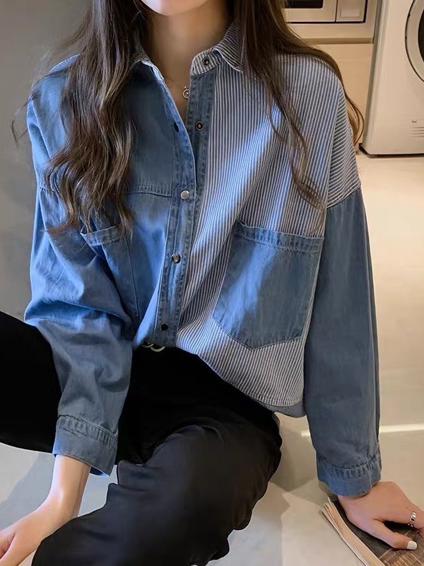 Big Sale Korean Style Loose Retro Hong Kong Style Long-Sleeved Spliced ​​Striped Denim Shirt for Women Fat Spring & Fall Design Tops