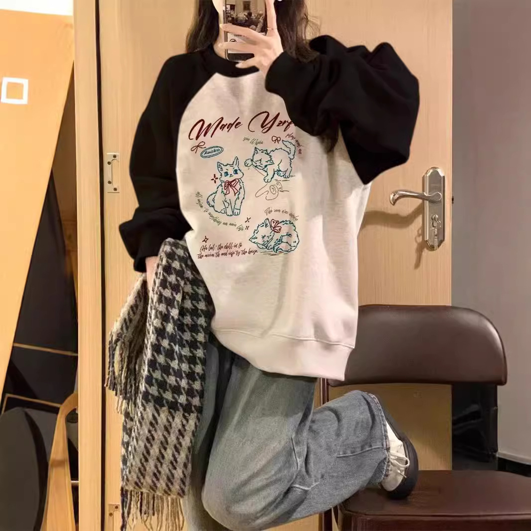 RAGLAN 슬리브 라운드 넥 스웨트 셔츠 여성의 봄과 가을 얇은 긴 소매 2024 새로운 틈새 디자인 센스 게으른 스타일 후드 탑