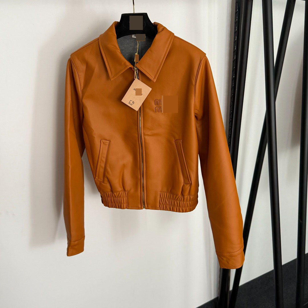 2025 Autumn and Winter Nanyou Classy Women's New Chest Logo Embroidered Letters Lapel Long-Sleeved Zipper Pu Leather Jacket