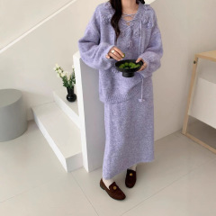 立体花朵V领软糯毛衣套装女秋冬款宽松半身裙针织清纯穿搭两件套