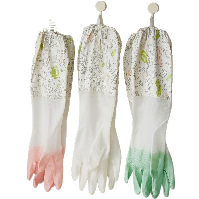 Guantes de lavado de platos para mujeres de terciopelo otoño y invierno limpieza doméstica cocina de goma resistente al agua para lavar ropa cepillo de platos tipo manga