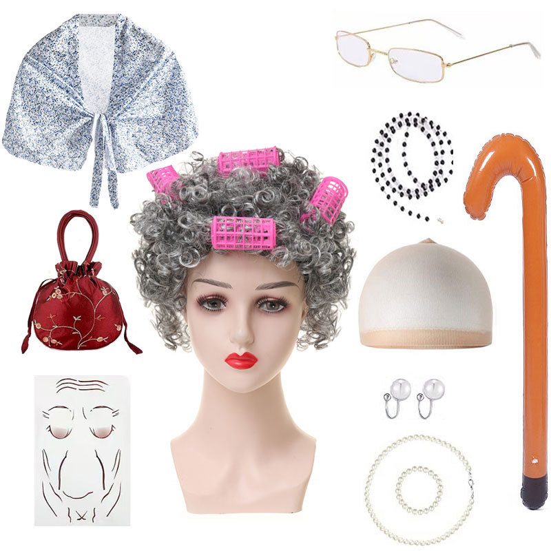 Amazon nueva abuela peluca abuelo pelo vieja dama vieja peluca chal traje accesorios traje