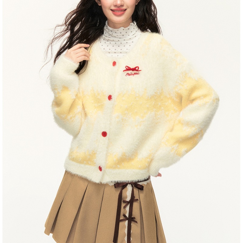 Amarillo lechoso largo cabello gradiente rayas sueltas cardigan de punto universal arco dulce suéter de viento perezoso abrigo mujer image 4