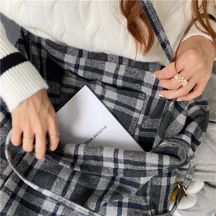 0981 Simple ins checkered woolen single-shoulder bag, hand-held cloth bag, student large-capacity shopping bag, laid-back style women's bag undefined