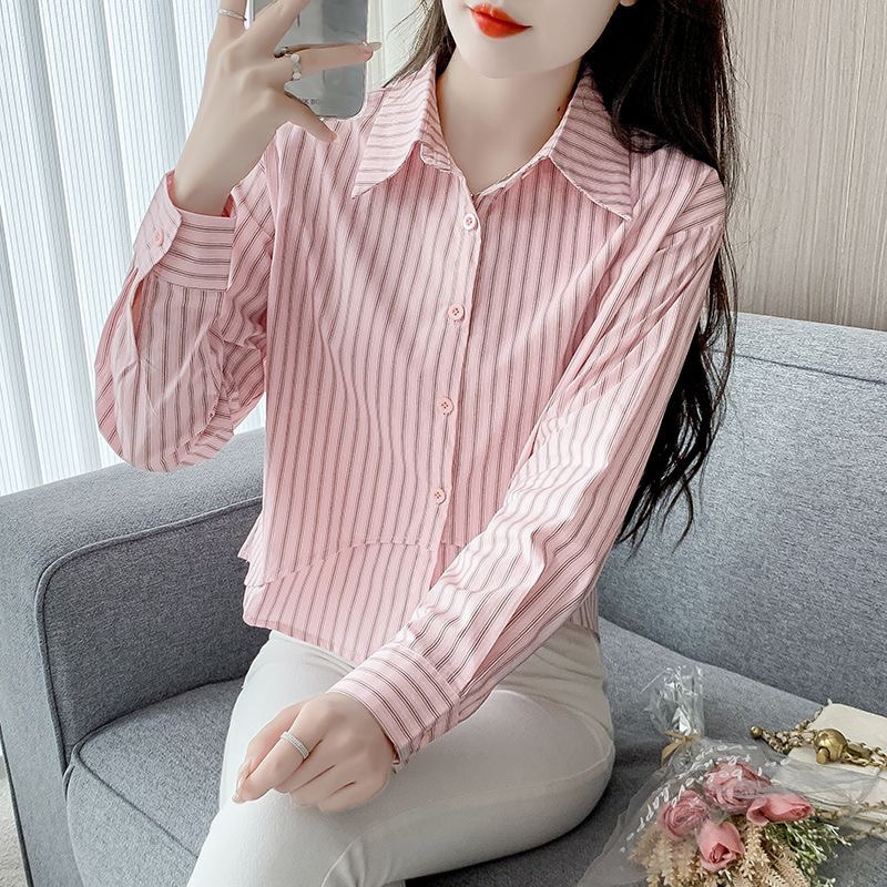 春秋の気質の小さいシャツ2025長袖の新型の婦人服のストライプのシャツのシフォンのシャツの短いタイプの小さい上着|undefined